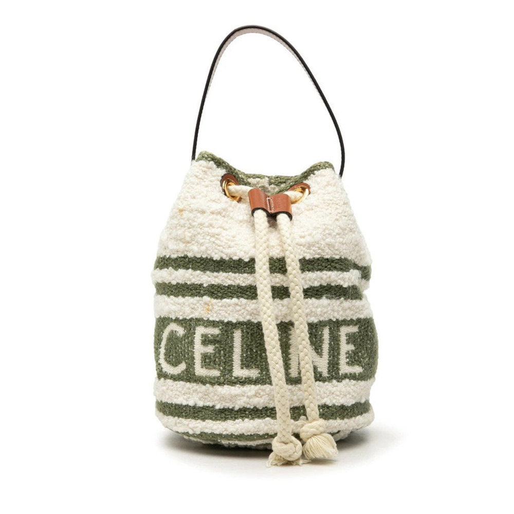 Celine Teen Drawstring Handbag Bucket Bag Ivory Textile White Green